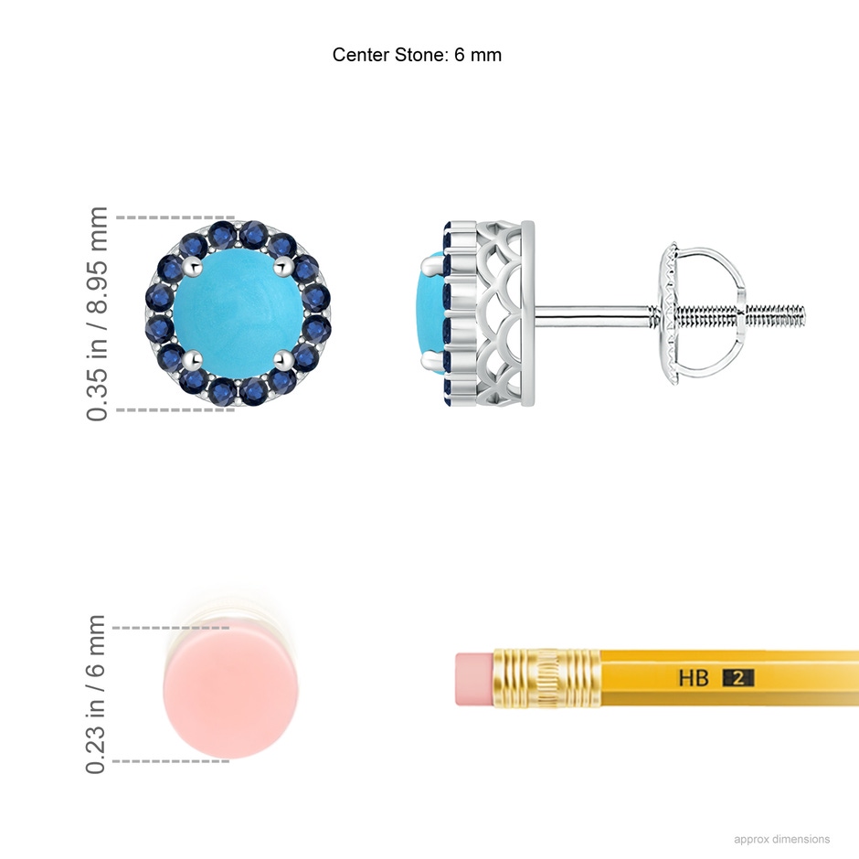 6mm AA Round Turquoise and Sapphire Halo Stud Earrings in White Gold ruler