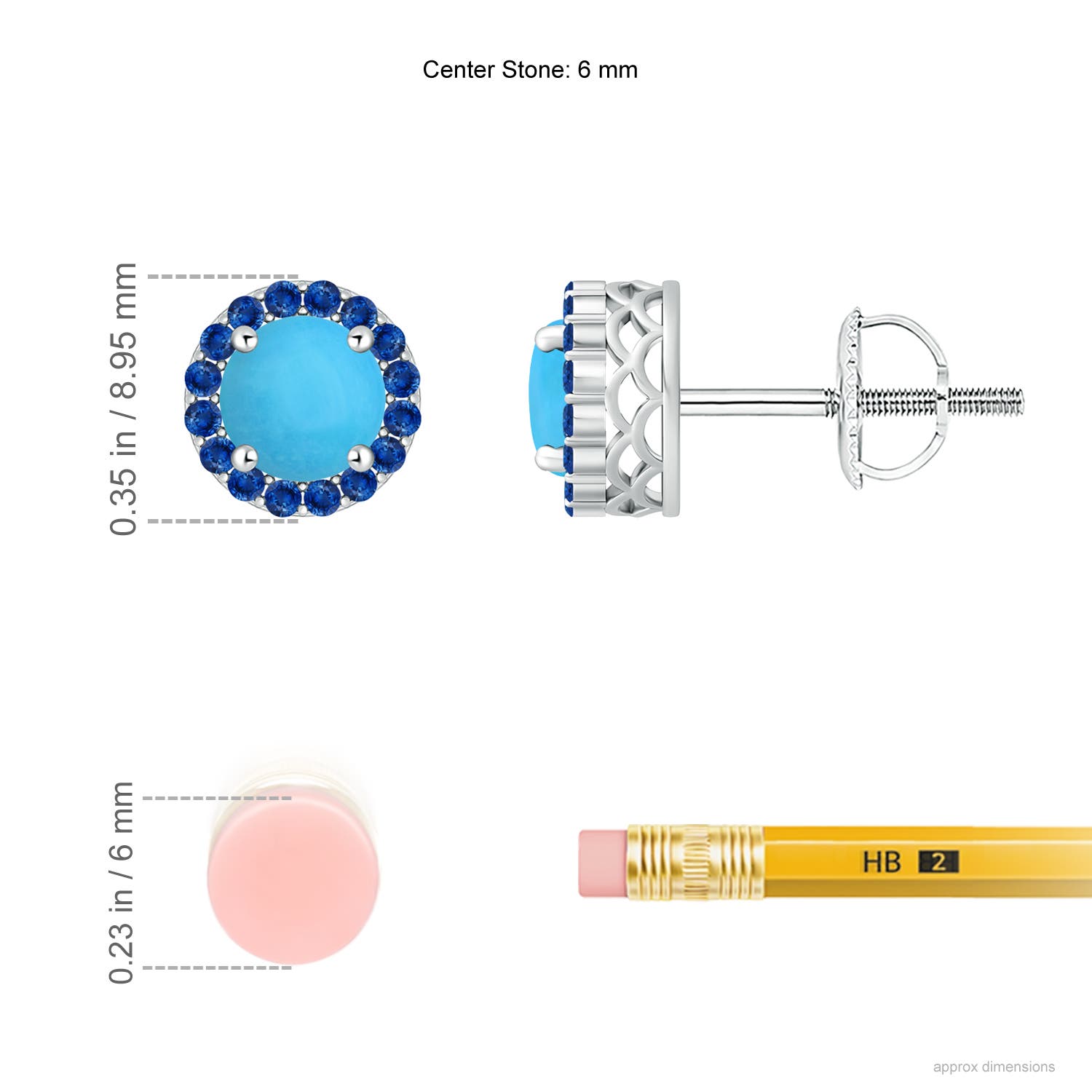6mm AAA Round Turquoise and Sapphire Halo Stud Earrings in P950 Platinum - ruler