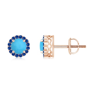 6mm AAA Round Turquoise and Sapphire Halo Stud Earrings in Rose Gold