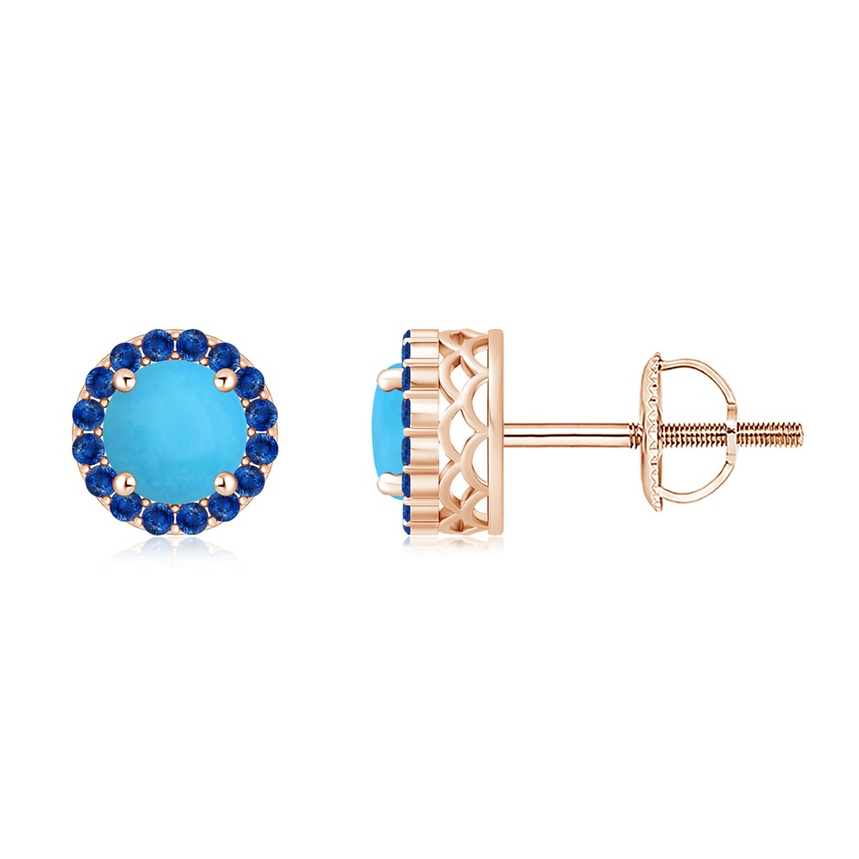 6mm AAA Round Turquoise and Sapphire Halo Stud Earrings in Rose Gold 