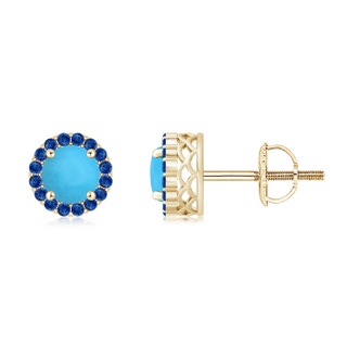 6mm AAA Round Turquoise and Sapphire Halo Stud Earrings in Yellow Gold