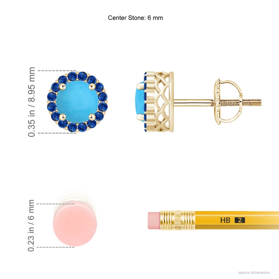 6mm AAA Round Turquoise and Sapphire Halo Stud Earrings in Yellow Gold ruler