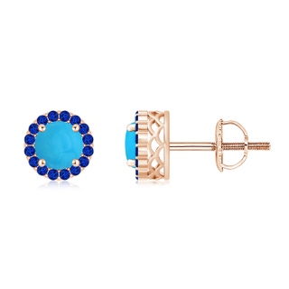 6mm AAAA Round Turquoise and Sapphire Halo Stud Earrings in 10K Rose Gold