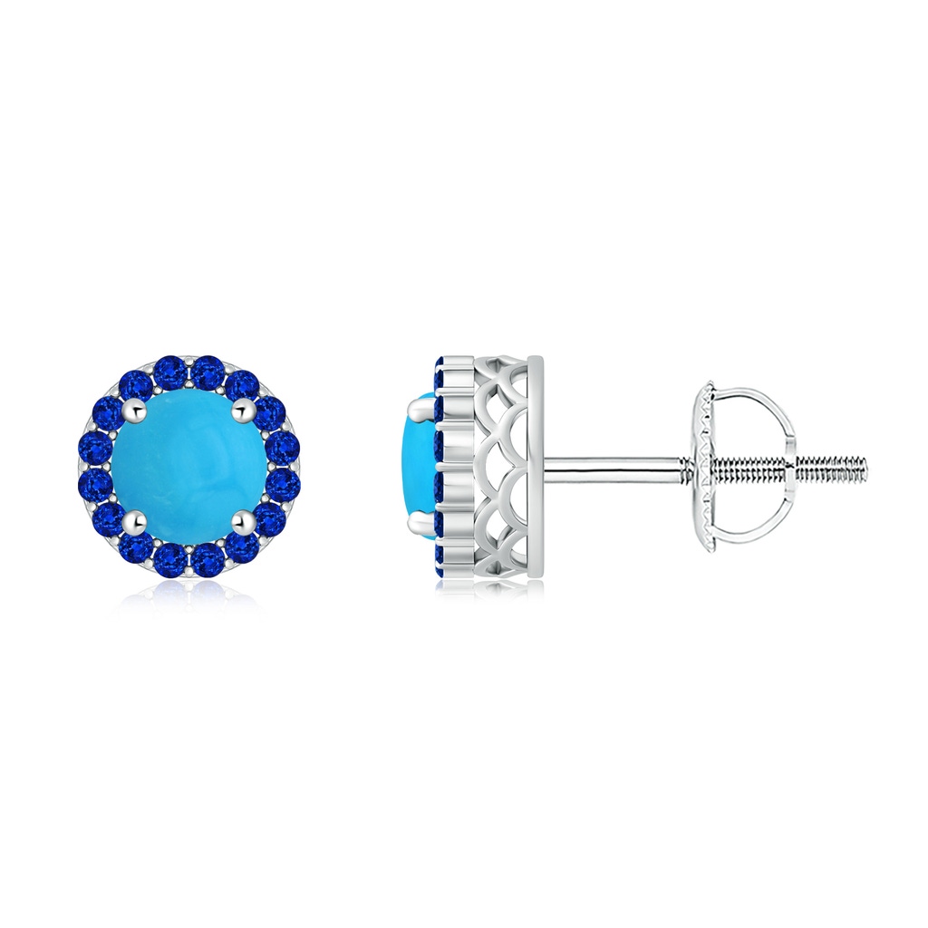 6mm AAAA Round Turquoise and Sapphire Halo Stud Earrings in P950 Platinum