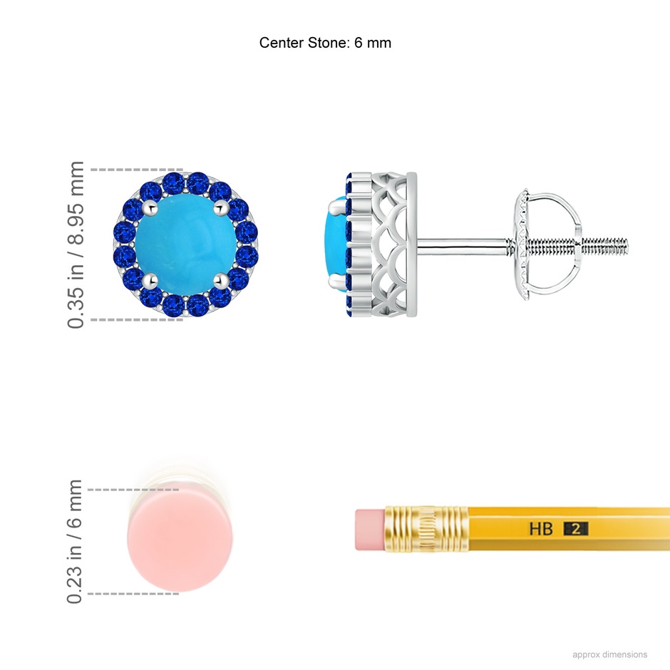 6mm AAAA Round Turquoise and Sapphire Halo Stud Earrings in P950 Platinum ruler