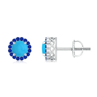 6mm AAAA Round Turquoise and Sapphire Halo Stud Earrings in White Gold