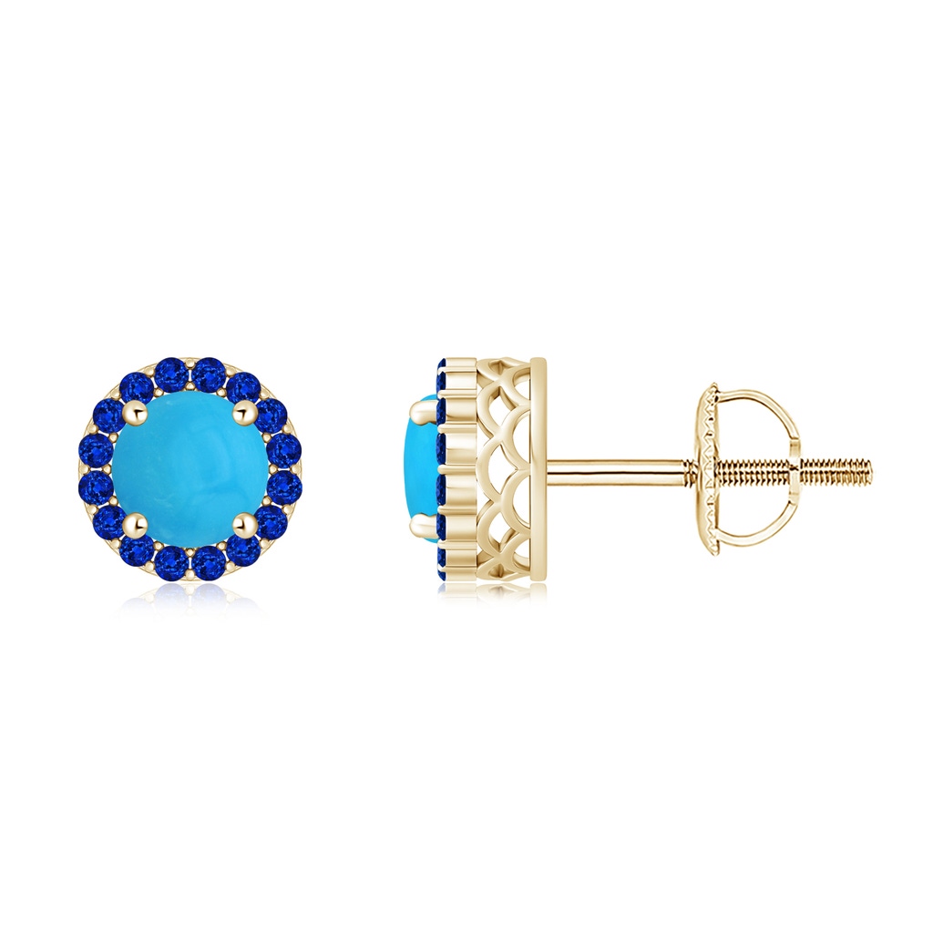 6mm AAAA Round Turquoise and Sapphire Halo Stud Earrings in Yellow Gold