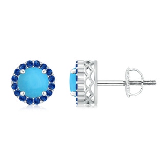 7mm AAA Round Turquoise and Sapphire Halo Stud Earrings in White Gold