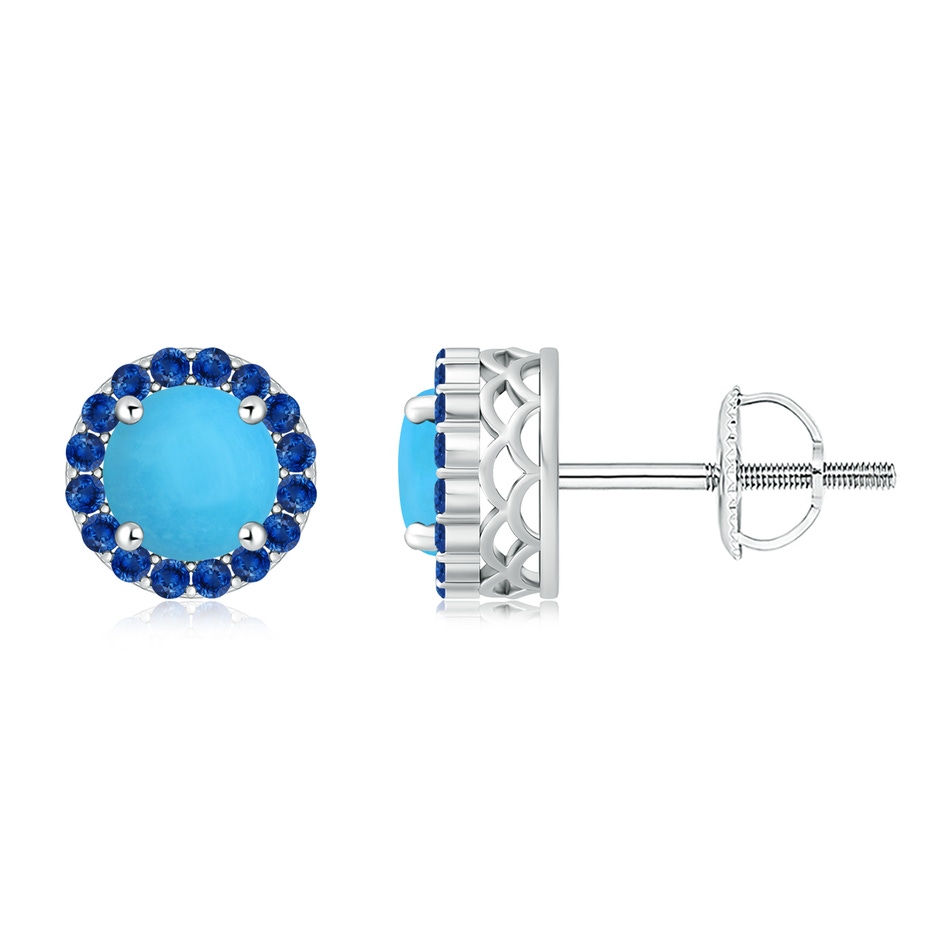 7mm AAA Round Turquoise and Sapphire Halo Stud Earrings in White Gold 