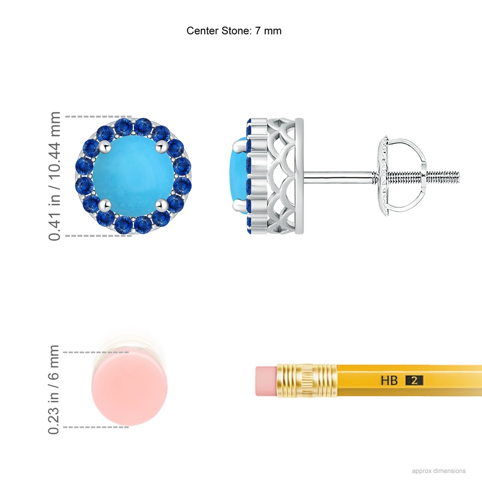 7mm AAA Round Turquoise and Sapphire Halo Stud Earrings in White Gold ruler