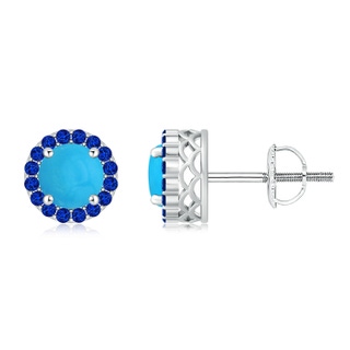 7mm AAAA Round Turquoise and Sapphire Halo Stud Earrings in P950 Platinum