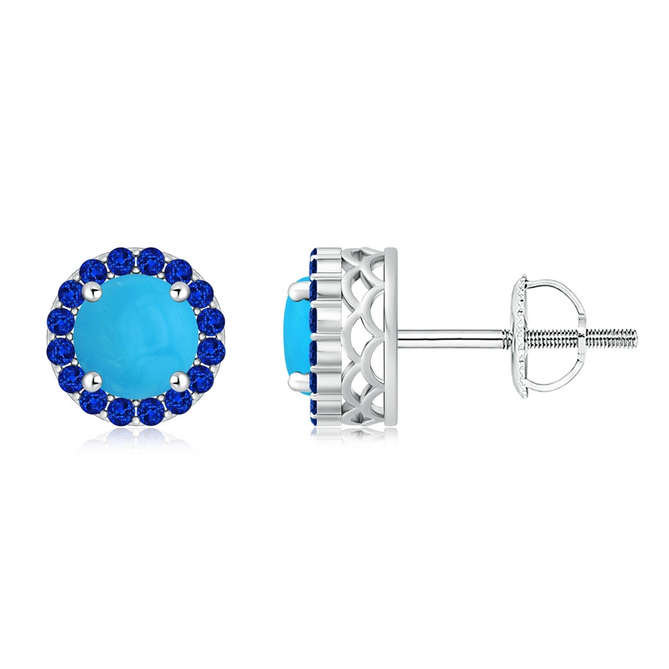 7mm AAAA Round Turquoise and Sapphire Halo Stud Earrings in P950 Platinum 