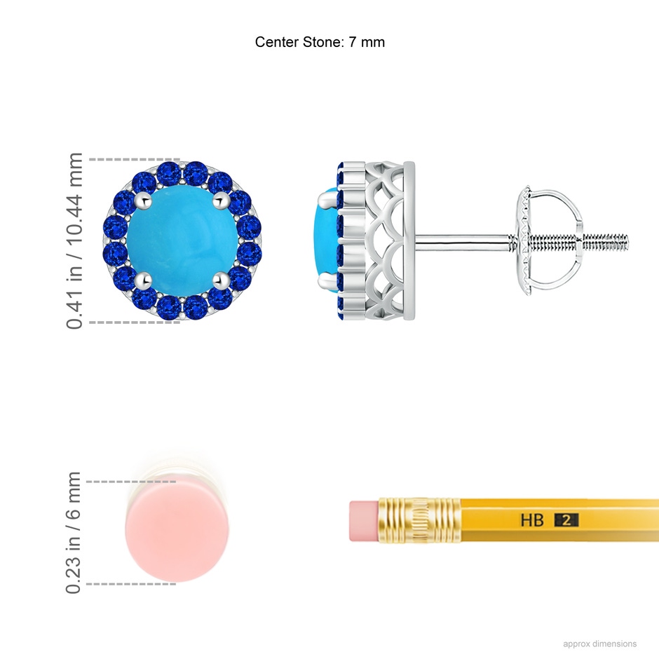 7mm AAAA Round Turquoise and Sapphire Halo Stud Earrings in P950 Platinum ruler