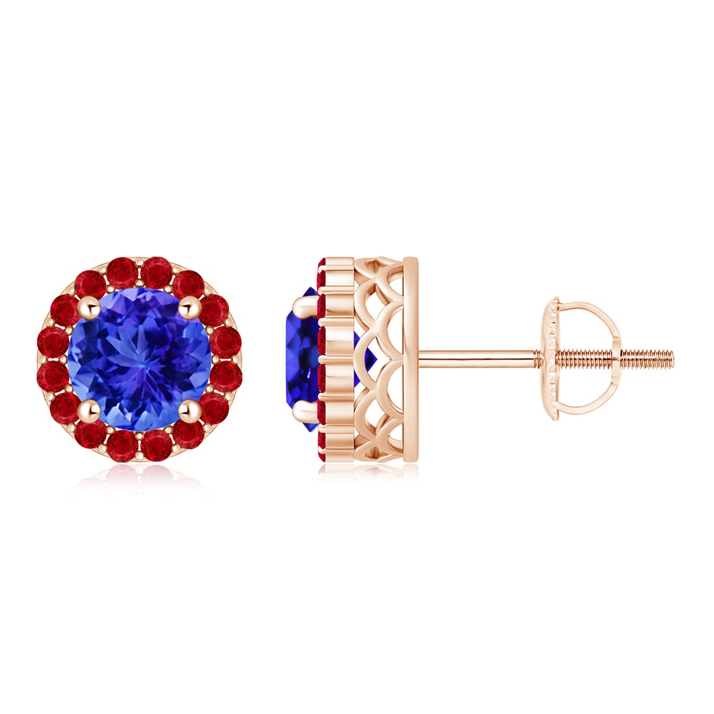 6mm AAA Round Tanzanite and Ruby Halo Stud Earrings in Rose Gold