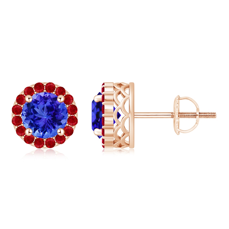 6mm AAA Round Tanzanite and Ruby Halo Stud Earrings in Rose Gold 