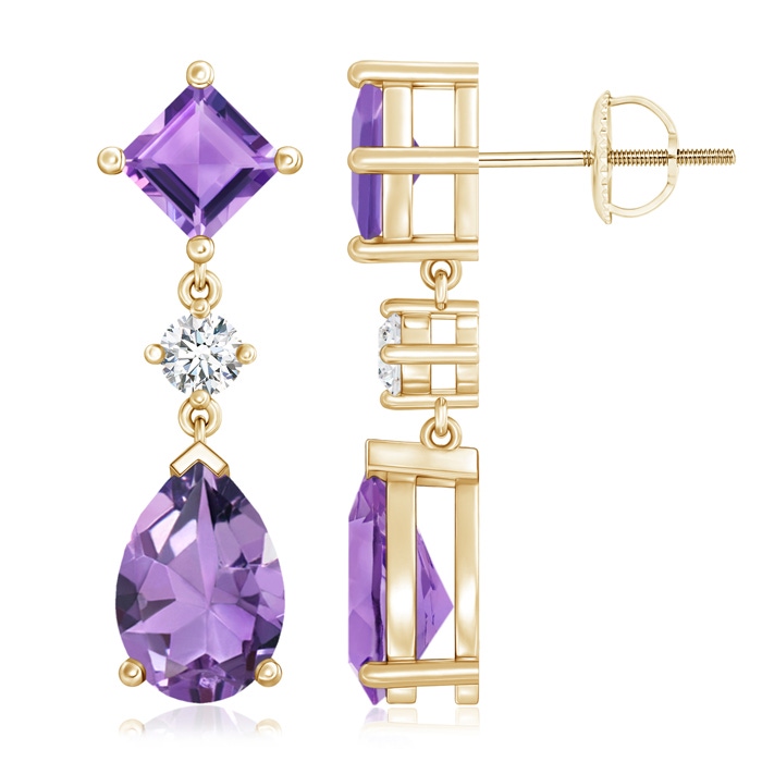 10x7mm A Square and Pear Amethyst Drop Earrings with Diamond in Yellow Gold 