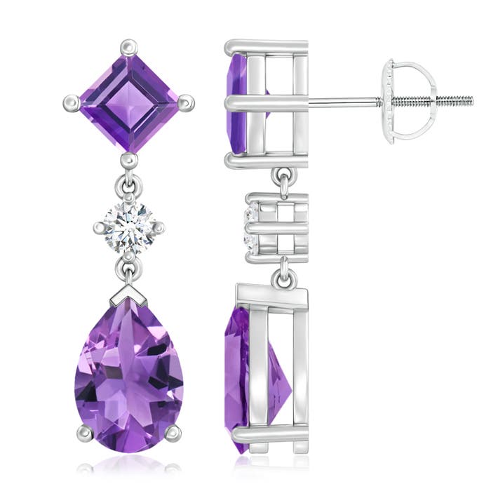 10x7mm AA Square and Pear Amethyst Drop Earrings with Diamond in P950 Platinum