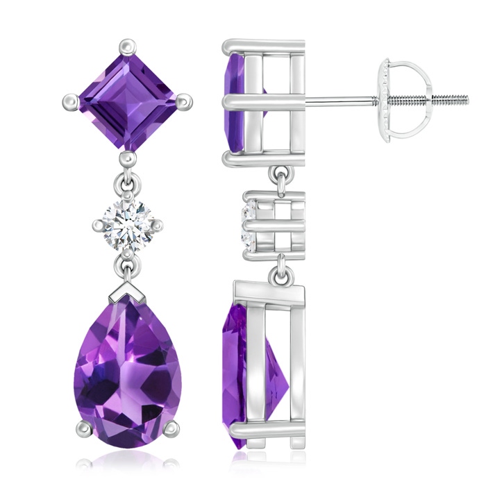 10x7mm AAA Square and Pear Amethyst Drop Earrings with Diamond in White Gold 