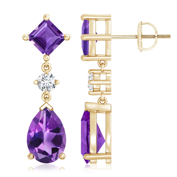 10x7mm AAA Square and Pear Amethyst Drop Earrings with Diamond in Yellow Gold 