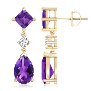 10x7mm AAAA Square and Pear Amethyst Drop Earrings with Diamond in 9K Yellow Gold