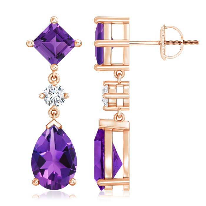 10x7mm AAAA Square and Pear Amethyst Drop Earrings with Diamond in Rose Gold