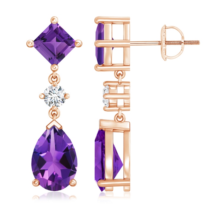 10x7mm AAAA Square and Pear Amethyst Drop Earrings with Diamond in Rose Gold 