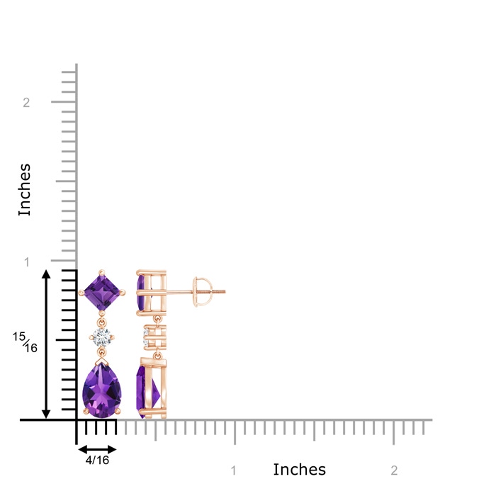 10x7mm AAAA Square and Pear Amethyst Drop Earrings with Diamond in Rose Gold product image