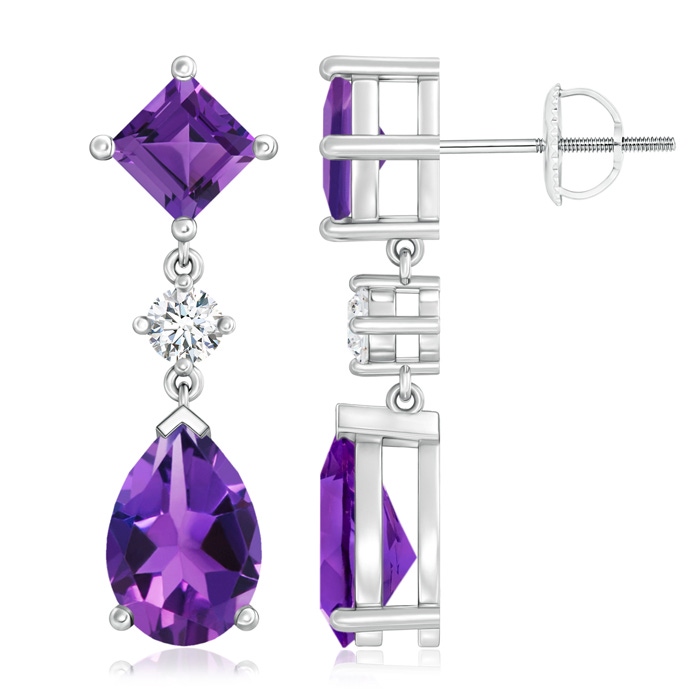 10x7mm AAAA Square and Pear Amethyst Drop Earrings with Diamond in White Gold 