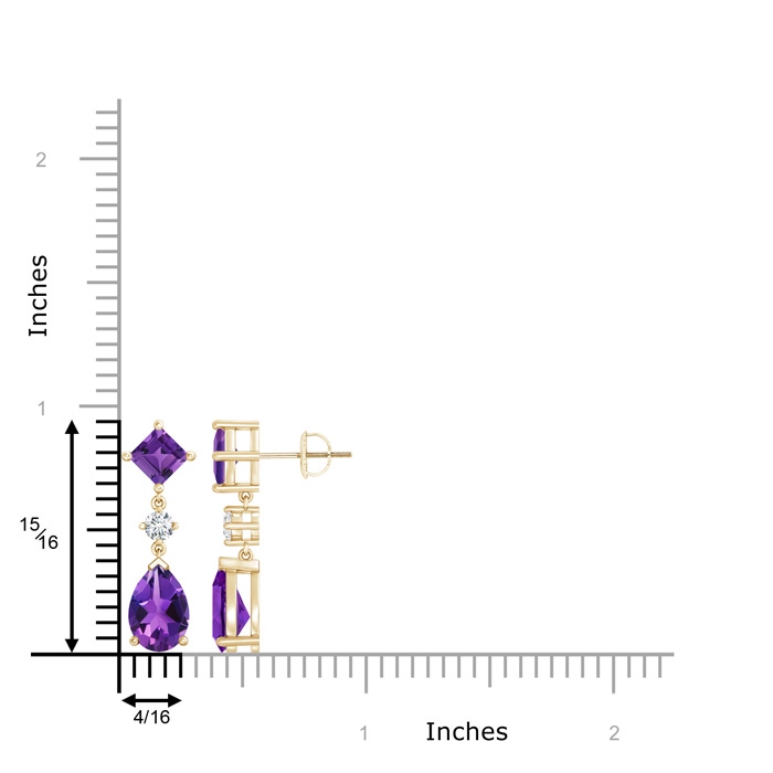 10x7mm AAAA Square and Pear Amethyst Drop Earrings with Diamond in Yellow Gold product image