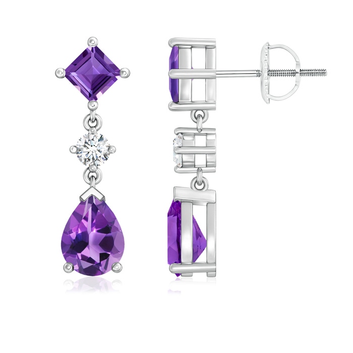 8x6mm AAA Square and Pear Amethyst Drop Earrings with Diamond in White Gold