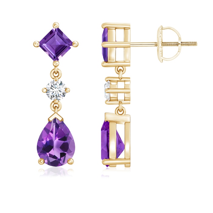 8x6mm AAA Square and Pear Amethyst Drop Earrings with Diamond in Yellow Gold 