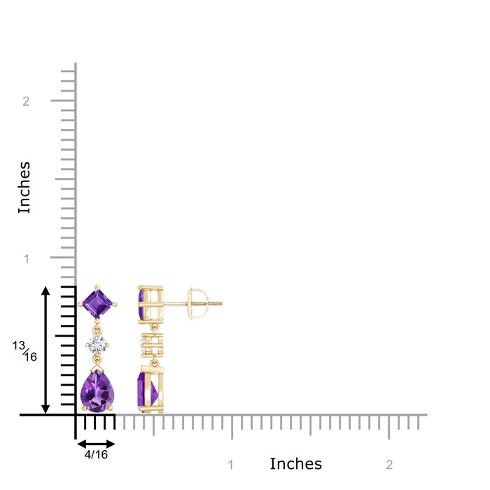 8x6mm AAA Square and Pear Amethyst Drop Earrings with Diamond in Yellow Gold - ruler