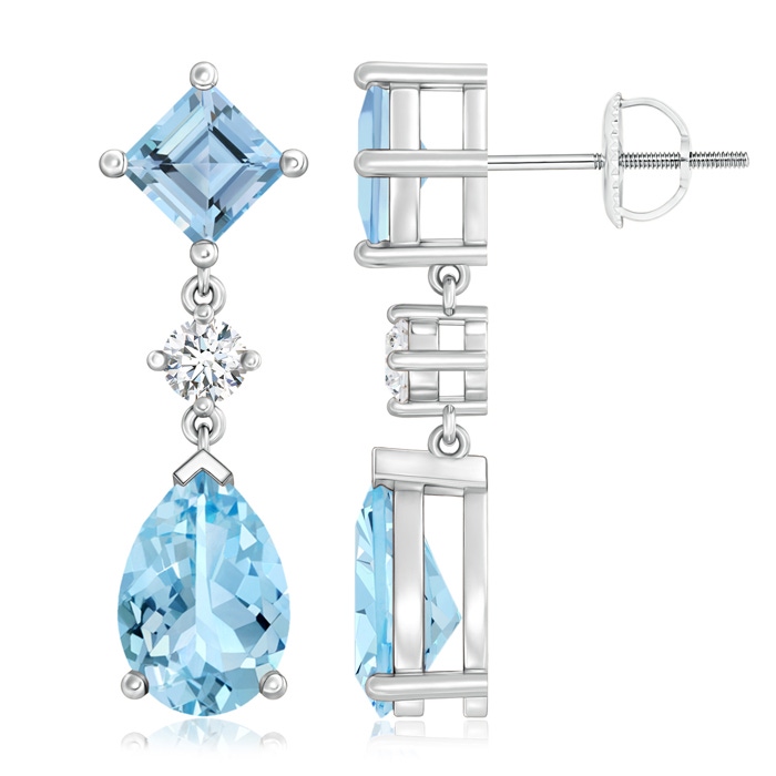 10x7mm AAAA Square and Pear Aquamarine Drop Earrings with Diamond in P950 Platinum