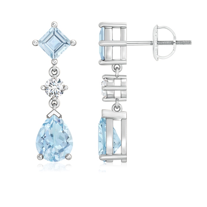 8x6mm AA Square and Pear Aquamarine Drop Earrings with Diamond in White Gold