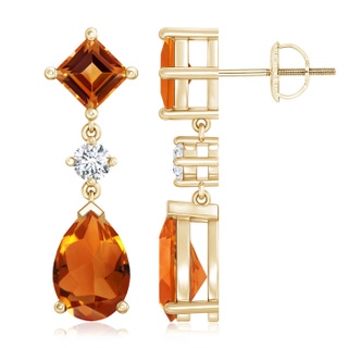 10x7mm AAAA Square and Pear Citrine Drop Earrings with Diamond in Yellow Gold