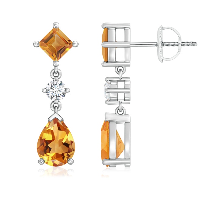 8x6mm AA Square and Pear Citrine Drop Earrings with Diamond in White Gold