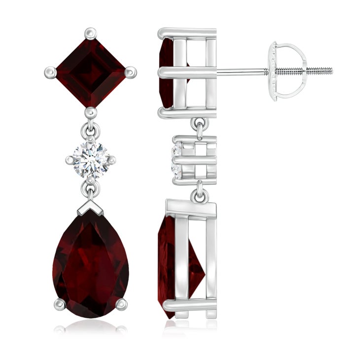 Square and Pear Garnet Drop Earrings with Diamond