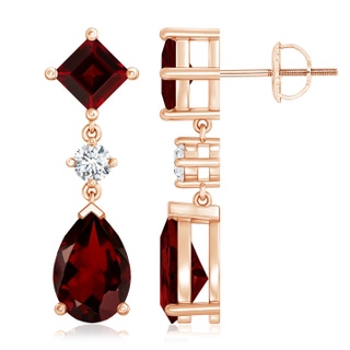 10x7mm AAA Square and Pear Garnet Drop Earrings with Diamond in Rose Gold