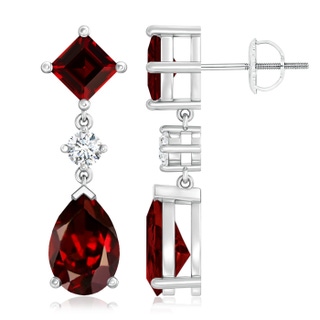 10x7mm AAAA Square and Pear Garnet Drop Earrings with Diamond in P950 Platinum