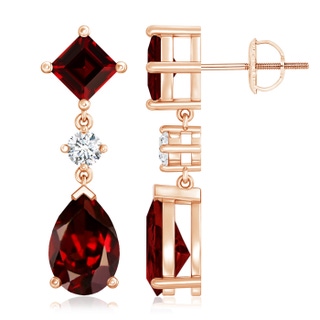 10x7mm AAAA Square and Pear Garnet Drop Earrings with Diamond in Rose Gold