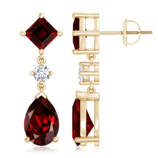 10x7mm AAAA Square and Pear Garnet Drop Earrings with Diamond in Yellow Gold