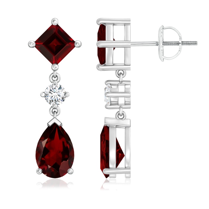 9x6mm AAA Square and Pear Garnet Drop Earrings with Diamond in White Gold