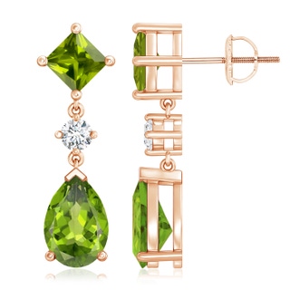 10x7mm AAA Square and Pear Peridot Drop Earrings with Diamond in Rose Gold