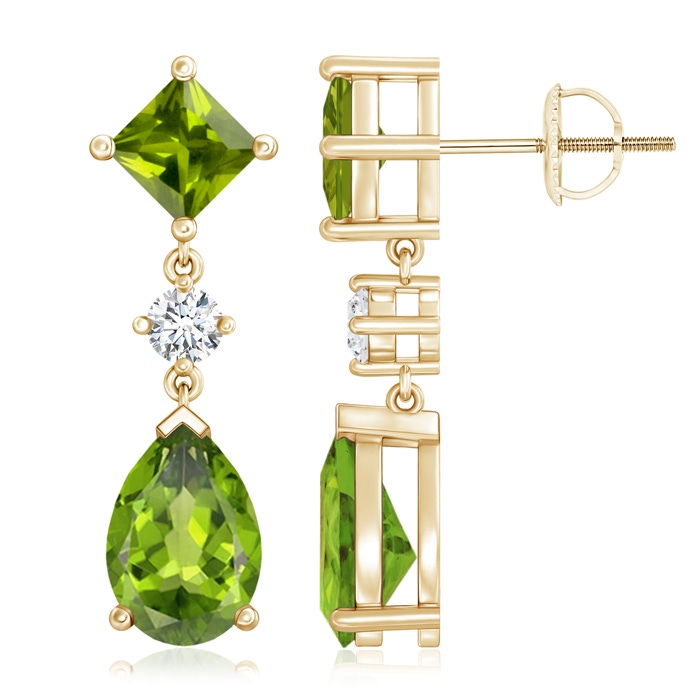 10x7mm AAA Square and Pear Peridot Drop Earrings with Diamond in Yellow Gold