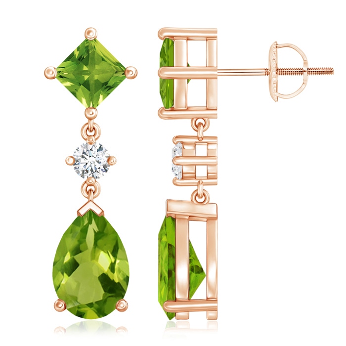 10x7mm AAAA Square and Pear Peridot Drop Earrings with Diamond in Rose Gold