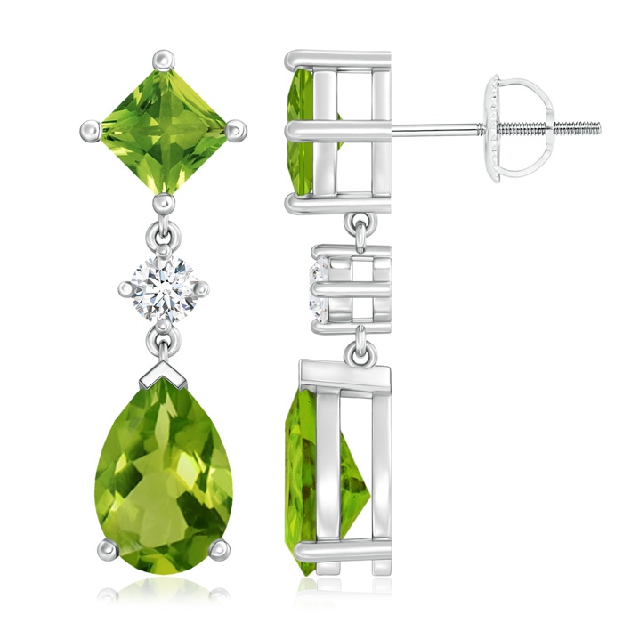 10x7mm AAAA Square and Pear Peridot Drop Earrings with Diamond in White Gold