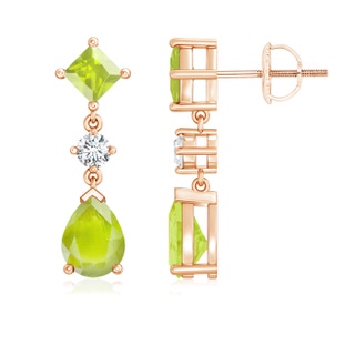 8x6mm A Square and Pear Peridot Drop Earrings with Diamond in 9K Rose Gold