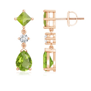 8x6mm AA Square and Pear Peridot Drop Earrings with Diamond in 9K Rose Gold