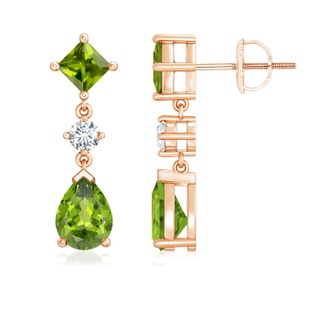 8x6mm AAA Square and Pear Peridot Drop Earrings with Diamond in 9K Rose Gold