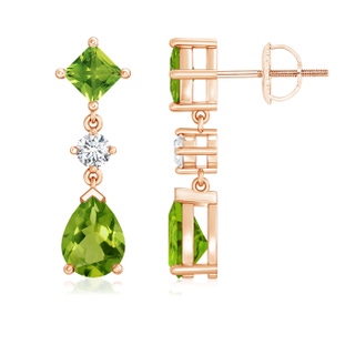 8x6mm AAAA Square and Pear Peridot Drop Earrings with Diamond in 9K Rose Gold